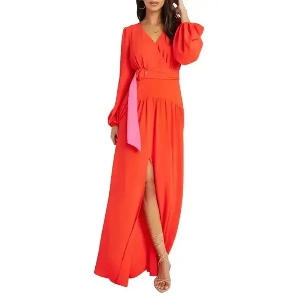 NWT VICI Collection Belted Long Sleeve Maxi Dress Orange Pink XLarge
